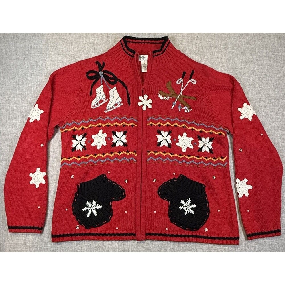 Kikit Maurice Sasson Ugly Christmas Cardigan Sweater Size L Red Full-Zip Winter